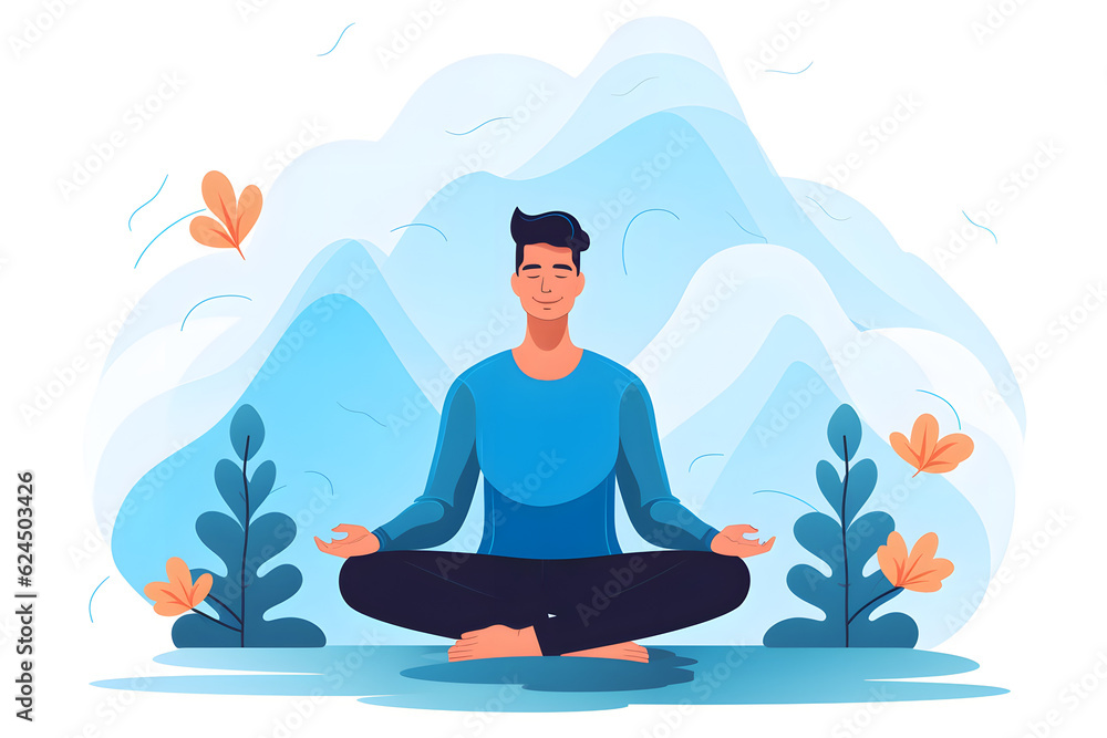 A man meditates with crossed legs amidst blue plants and wavy patterns cartoon illustration