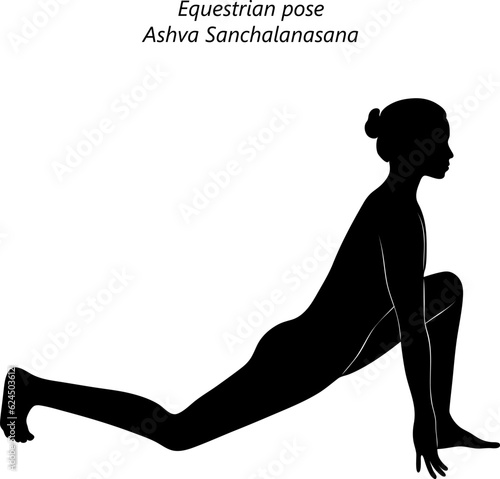 Black silhouette of young woman practicing yoga, doing Equestrian pose. Ashva Sanchalanasana. Arm Leg Support and Balancing. Beginner. Isolated vector illustration.