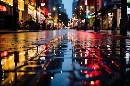 Cinematic depiction of a city at night, with rain-slicked streets reflecting the cinematic glow of neon lights, reminiscent of a film noir setting and evoking a sense of drama and visual storytelling