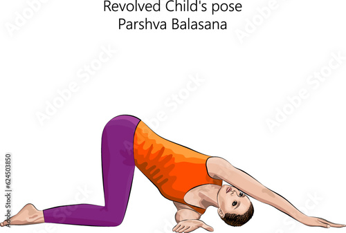 Young woman practicing yoga exercise, doing Revolved Child pose or Thread the Needle pose. Parshva Balasana. Arm Leg Support and Twist. Beginner. Isolated vector illustration.
