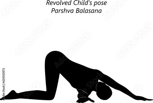 Black silhouette of young woman practicing yoga, doing Revolved Child pose or Thread the Needle pose. Parshva Balasana. Arm Leg Support and Twist. Beginner. Isolated vector illustration.