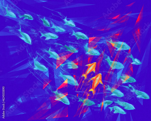 Illustration of fishes swiming agains the current, oil painting