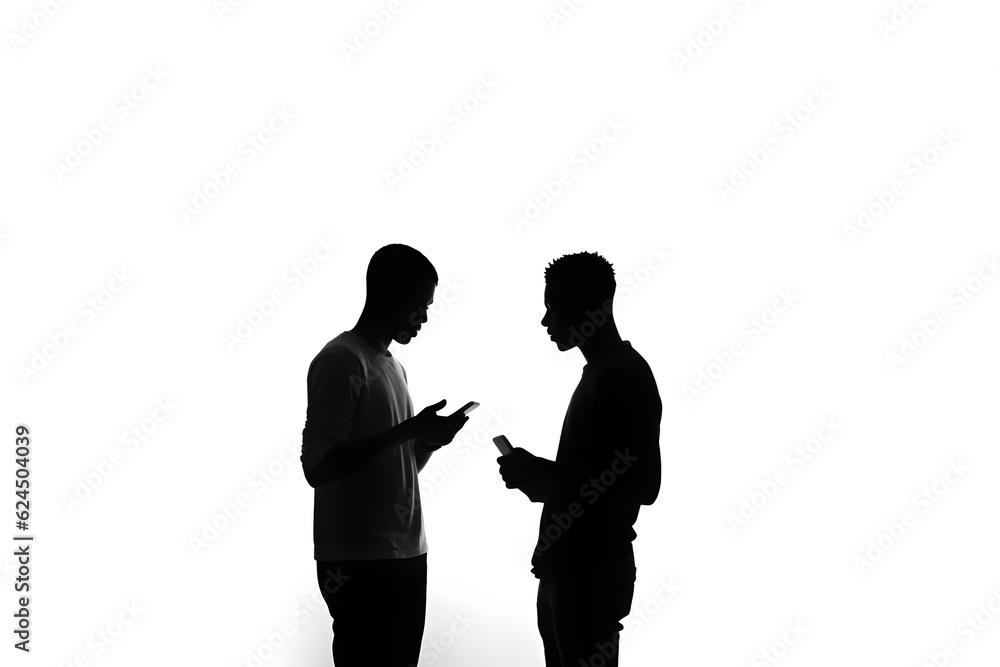 silhouette of two silhouetted figures conversing against a white backdrop