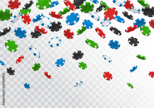 Falling poker chips isolated on transparent background. Vector illustration.