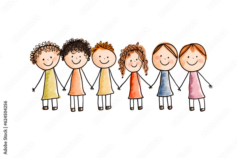 Six cartoon children holding hands and smiling together Six cartoon children holding hands and smiling together