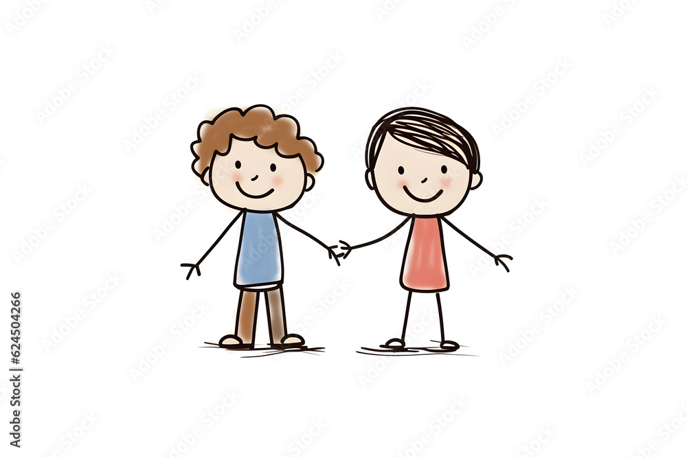 Two cartoon children holding hands with happy expressions Two cartoon children holding hands with happy expressions