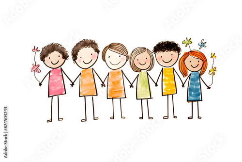 Six cartoon children stand together with two holding flowers