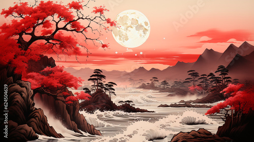 japanese landscape ocean surf night moon red and brown tones generated ai