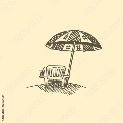 A sun lounger with a cold drink under an umbrella on the beach hand drawn sketch vector illustration.