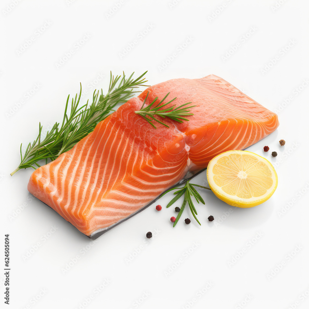 Raw salmon steak with lemon on a white background. AI generative. Raw salmon steak with lemon on a white background. AI generative.