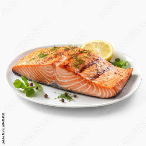 Grilled salmon steak with lemon on a white background. AI generative.