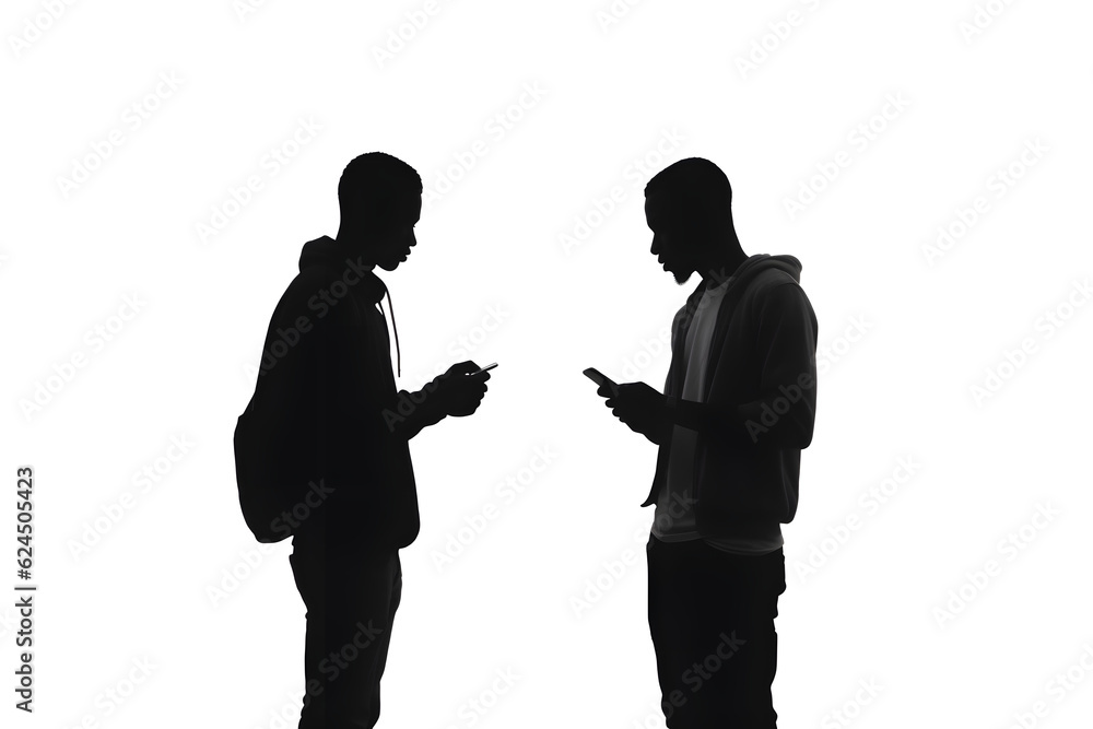 silhouette of people standing with smartphone in the hand on a white background