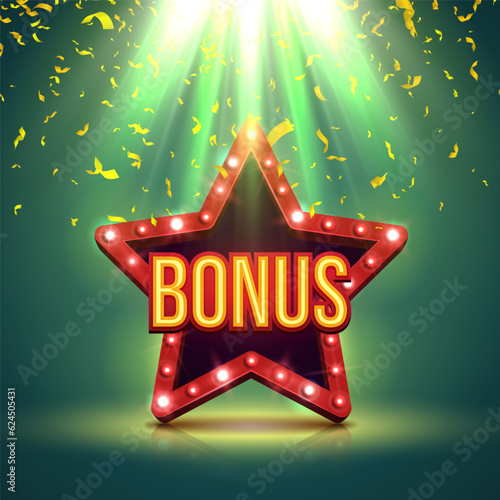 Shining sign Bonus with retro star on a bright background. Vector illustration.