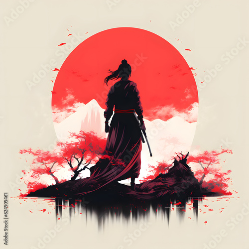 Silhouetted samurai stands beneath large red moon with splattered ink effect