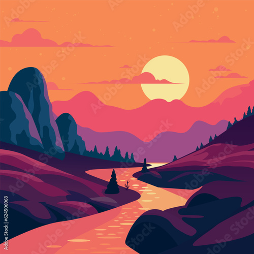 sunset in the mountains Landscape Illustration