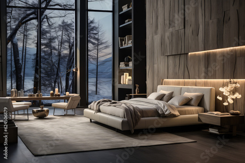 Modern and stylish interior design of a bedroom with a touch of luxury and elegance. Created with generative AI technology