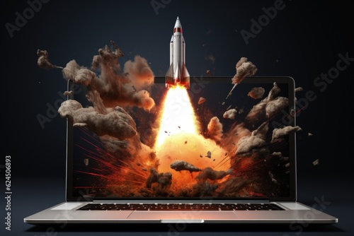 Boosting Performance: Laptop Screen Launching Space Rocket - Speed Up and Repair Concept. Generative Ai