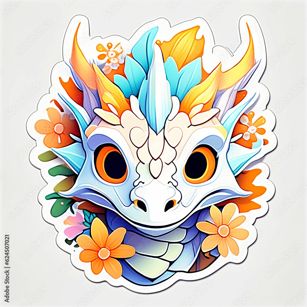 Vivid dragon head sticker. Ideal for birthday cards or decorations. Cute and whimsical design
