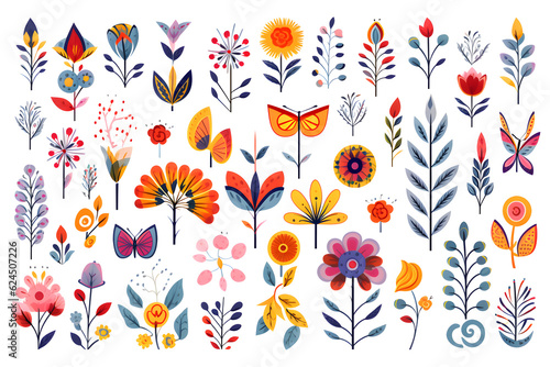 Colorful collection of hand-drawn flowers and butterflies on white background