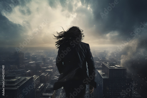 Silhouetted figure overlooks misty city with hair blowing in the wind
