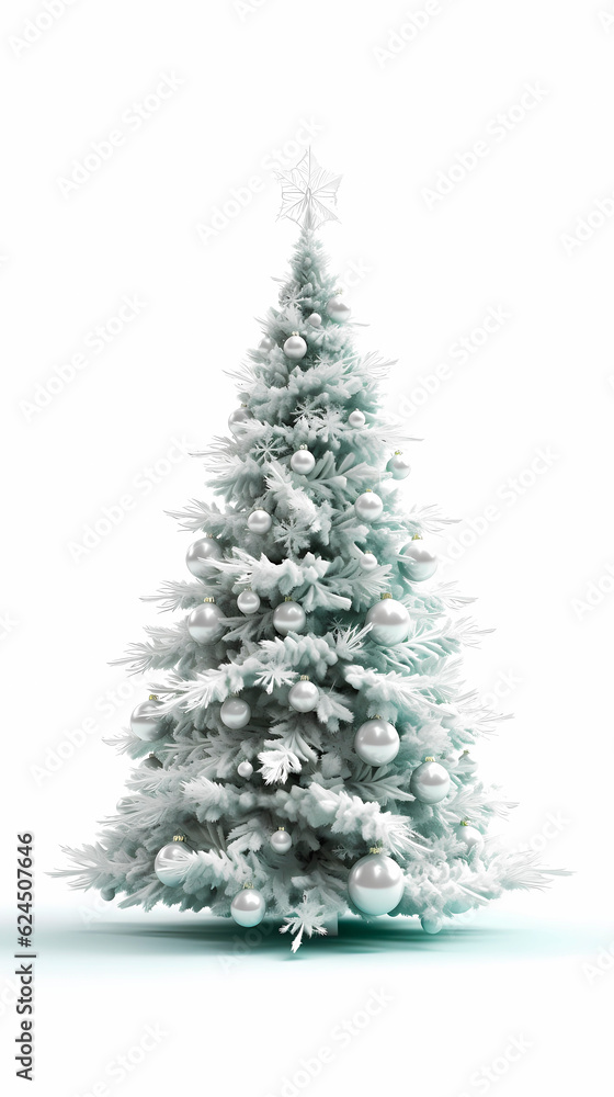 Isolated white christmas tree decorated wit balls and a star on top. Generative AI.