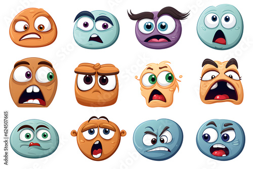 Variety of cartoon facial expressions on round colorful bases