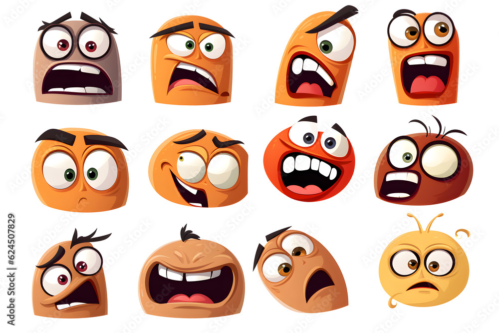 Collection of animated orange faces expressing various emotions on a black background Collection of animated orange faces expressing various emotions on a black background