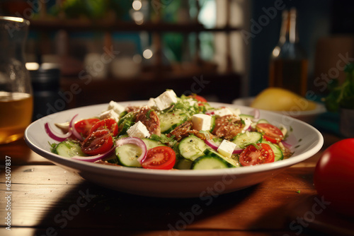 Greek salad on a plate in a restaurant. AI generative.