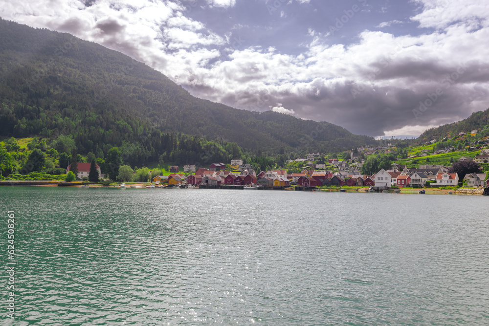 Lustrafjorden, Norway - July 4th, 2023: Landscape from the ferry ride between Ornes and Solvorn, Southern Norway