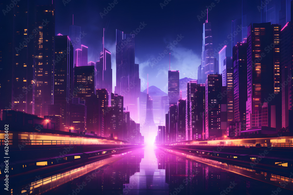 Neon-lit urban scene with towering buildings flanking a central glowing road