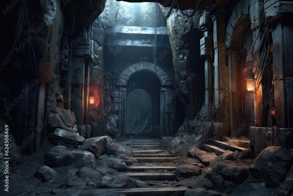 Underground dungeon, fantasy adventure tabletop role play game setting, background, dark and