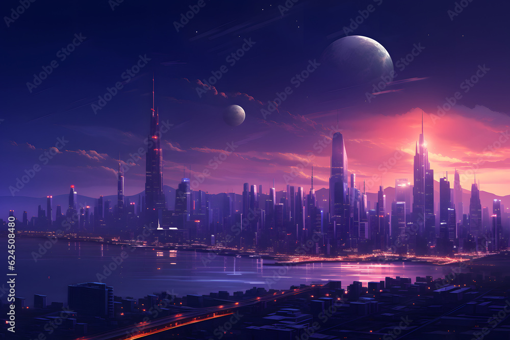 Futuristic city skyline at sunset with two large moons in the purple sky