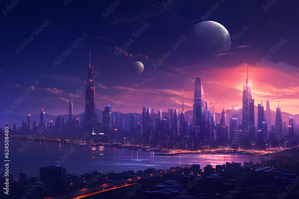 Futuristic city skyline at sunset with two large moons in the purple sky Futuristic city skyline at sunset with two large moons in the purple sky