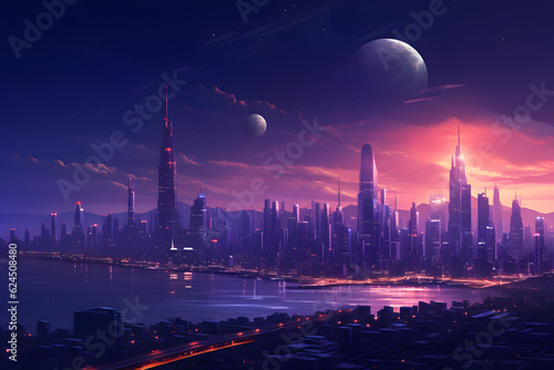 Futuristic city skyline at sunset with two large moons in the purple sky