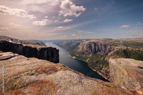 Kjerag, Norway - July 5th, 2023: The epic mountain landscape on the famous Kjerag hike in southern Norway