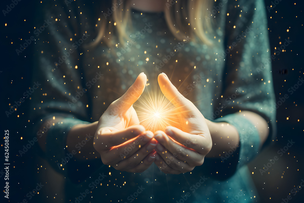 woman hands holding a shiny bright light inside 
