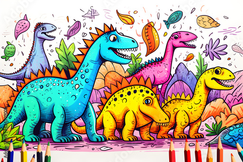 Colorful dinosaurs in a lively prehistoric setting