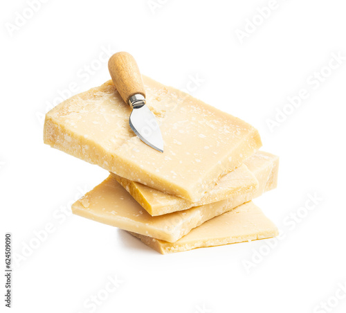 Tasty parmesan cheese and knife isolated on white background.
