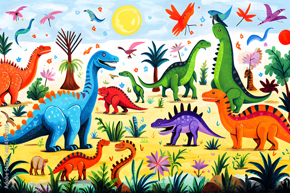 Obraz premium Vibrant illustration of dinosaurs and tropical foliage