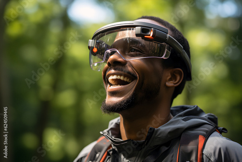 Man wearing VR goggles and immersed in a virtual world in outdoor. © Martin Mohan