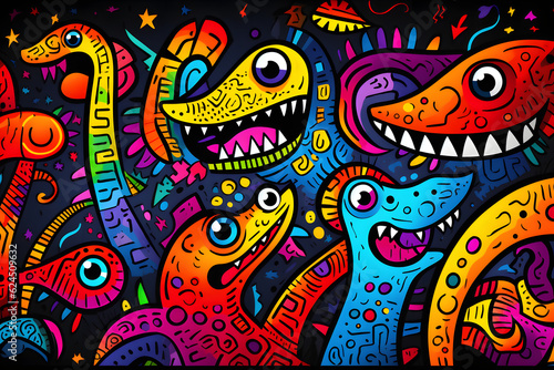 Group of cheerful colorful dinosaurs with decorative patterns © alexandr