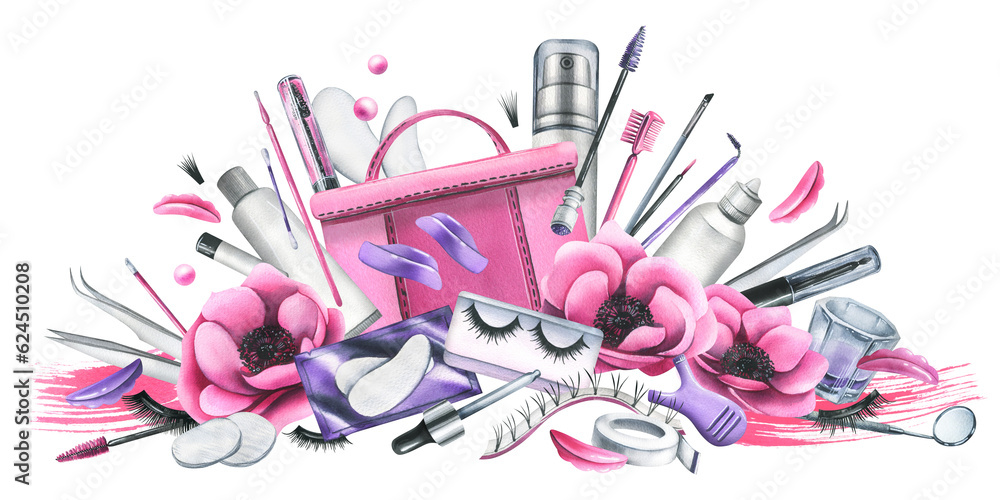 Pink cosmetic bag with beauty master's tools for eyelash extension and lamination, with brushes, silicone rollers. Watercolor illustration, hand drawn. Isolated composition on a white background Pink cosmetic bag with beauty master's tools for eyelash extension and lamination, with brushes, silicone rollers. Watercolor illustration, hand drawn. Isolated composition on a white background