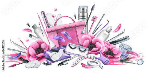 Pink cosmetic bag with beauty master's tools for eyelash extension and lamination, with brushes, silicone rollers. Watercolor illustration, hand drawn. Isolated composition on a white background