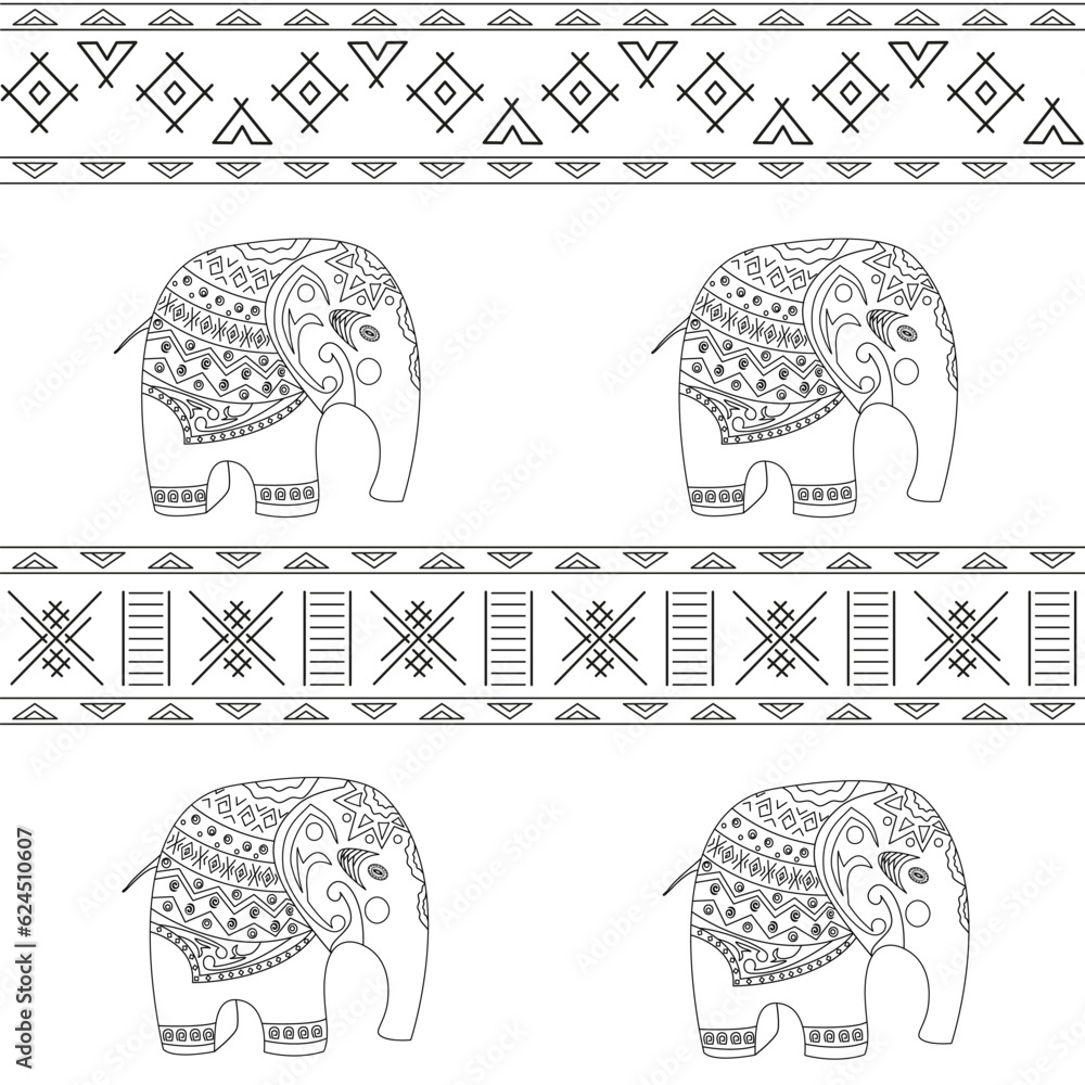 Ταπετσαρία Seamless vector pattern hand drawn of doodle cartoon elephants with ethnic ornaments, isolated