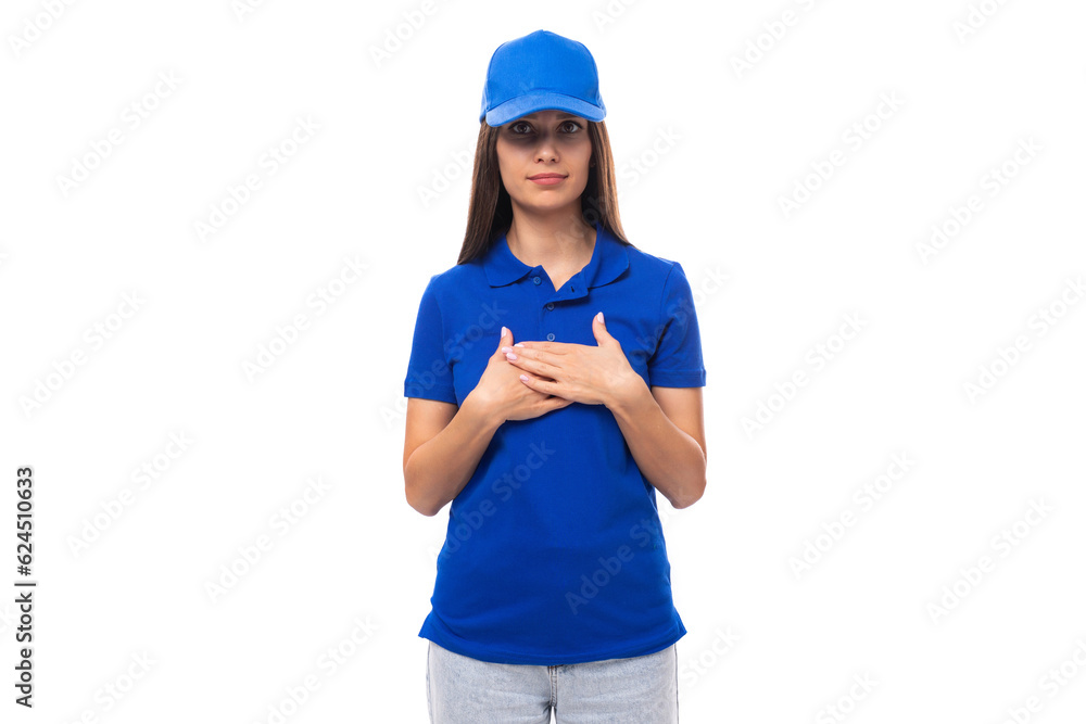 charming young caucasian brunette woman in uniform t-shirt and cap with space for brand print charming young caucasian brunette woman in uniform t-shirt and cap with space for brand print