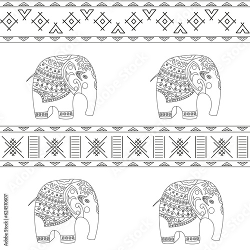 Canvas Print Seamless vector pattern hand drawn of doodle cartoon elephants with ethnic ornaments, isolated