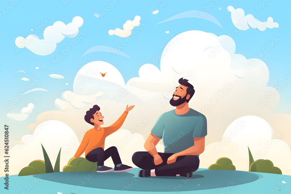 father with son having fun spending happy outdoor quality family time together on father's day illustration