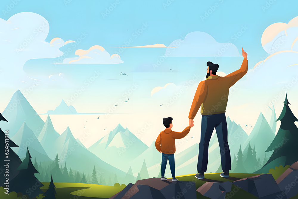father with son walking in nature and spending outdoor quality family time together illustration
