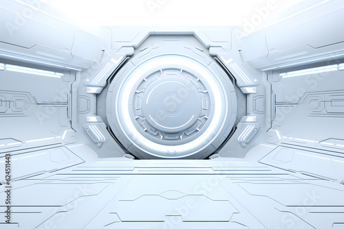 White futuristic chamber with a prominent circular portal