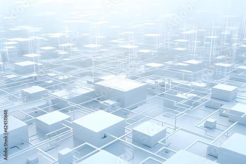 White geometric blocks create a complex digital cityscape